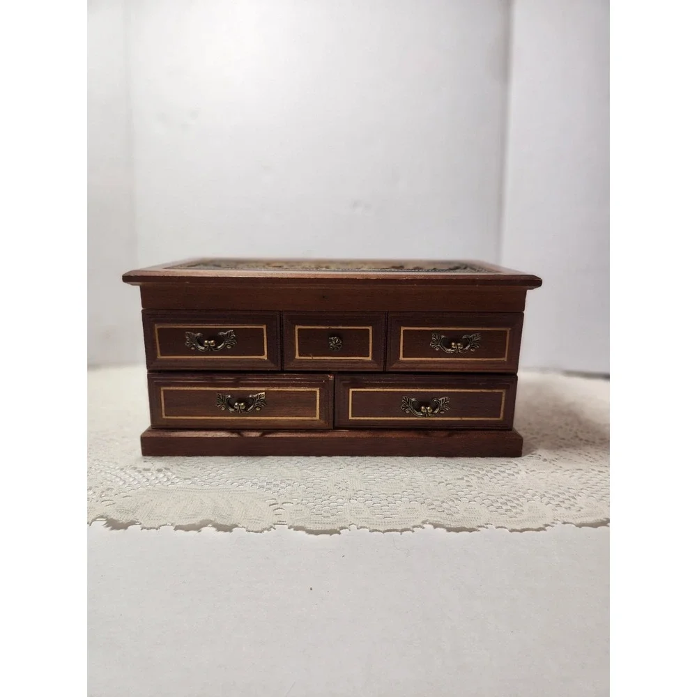 Vtg Wooden Musical Jewelry Box Organizer Storage with‎ 2 Drawers 